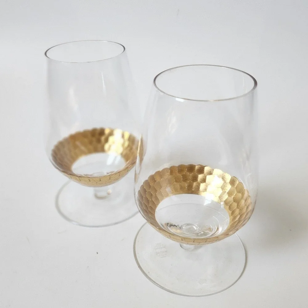 Fitz Floyd Short Stem Wine Goblet Glasses Set of 2 Gold Tone Hammered Honeycomb